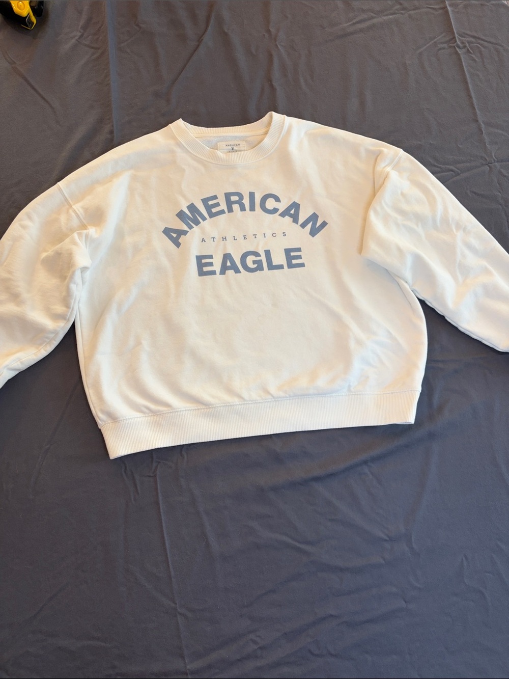 American Eagle Outfitters Cream Crewneck Sweatshirt with Blue Logo